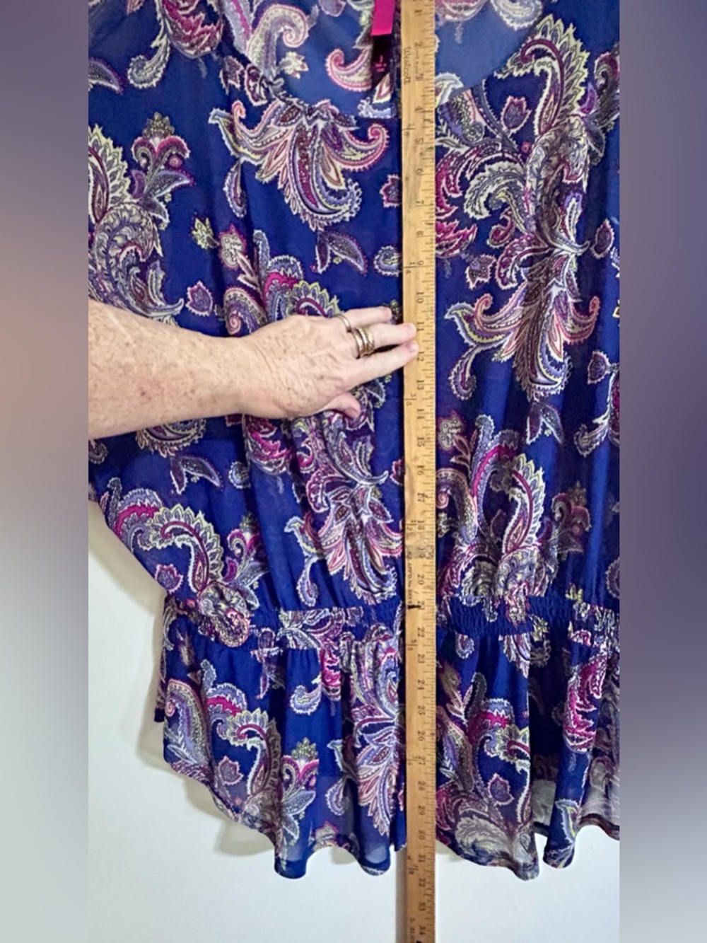 Pure Energy Peplum Tunic Blouse Size 3 Plus Navy Pink Paisley Top Elastic Sheer - Picture 10 of 12